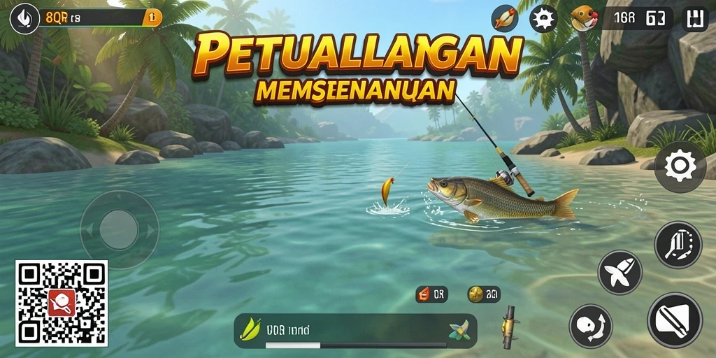 Screenshot gameplay <strong>8QR</strong> yang menampilkan momen memancing yang seru.