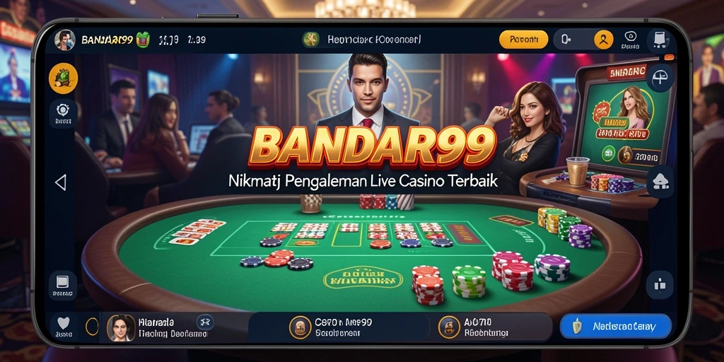 Screenshot gameplay BANDAR99 dengan dealer langsung dan suasana kasino.