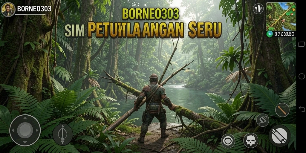 Tampilan gameplay <strong>BORNEO303</strong> yang mendebarkan di hutan Borneo.