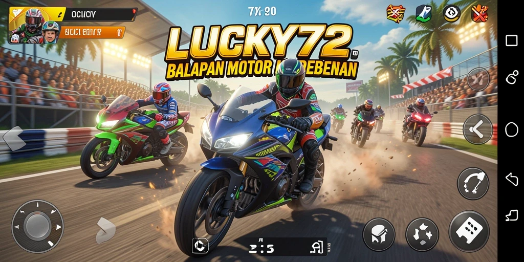 Screenshot gameplay LUCKY72 menampilkan balapan motor yang seru.