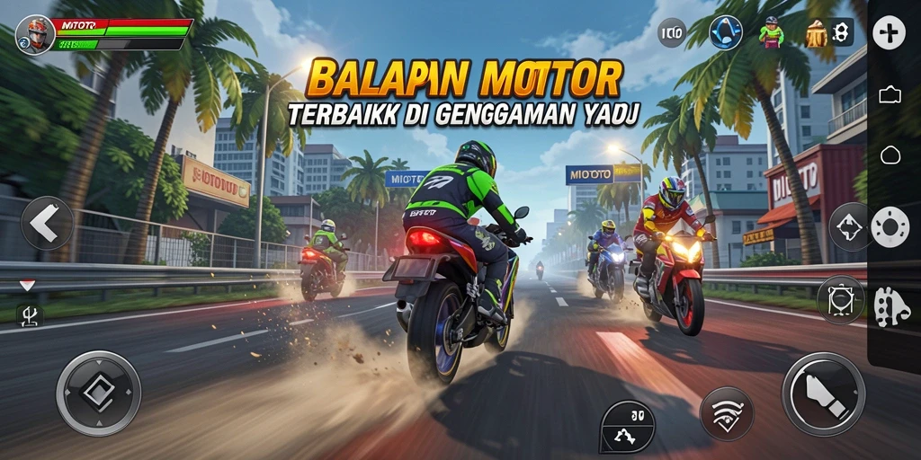 Tampilan gameplay MIOTOTO dengan aksi balapan motor yang seru.