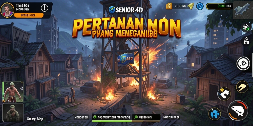 Tampilan gameplay menegangkan di SENIOR4D, dengan menara dan musuh yang beragam.