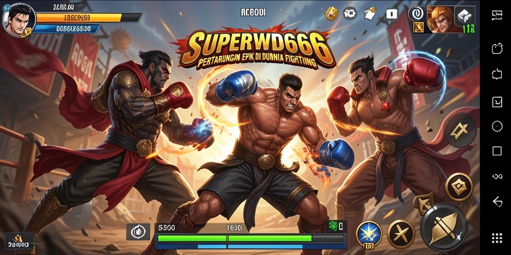 Screenshot SUPERWD666 yang menampilkan pertarungan epik antara dua karakter.